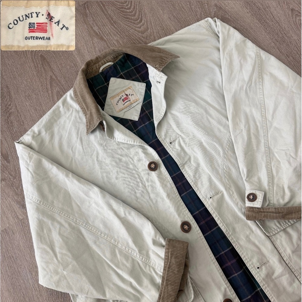VTG County Seat Outerwear Cream Canvas Barn Jacket Plaid Flannel Lined Mens Sz M